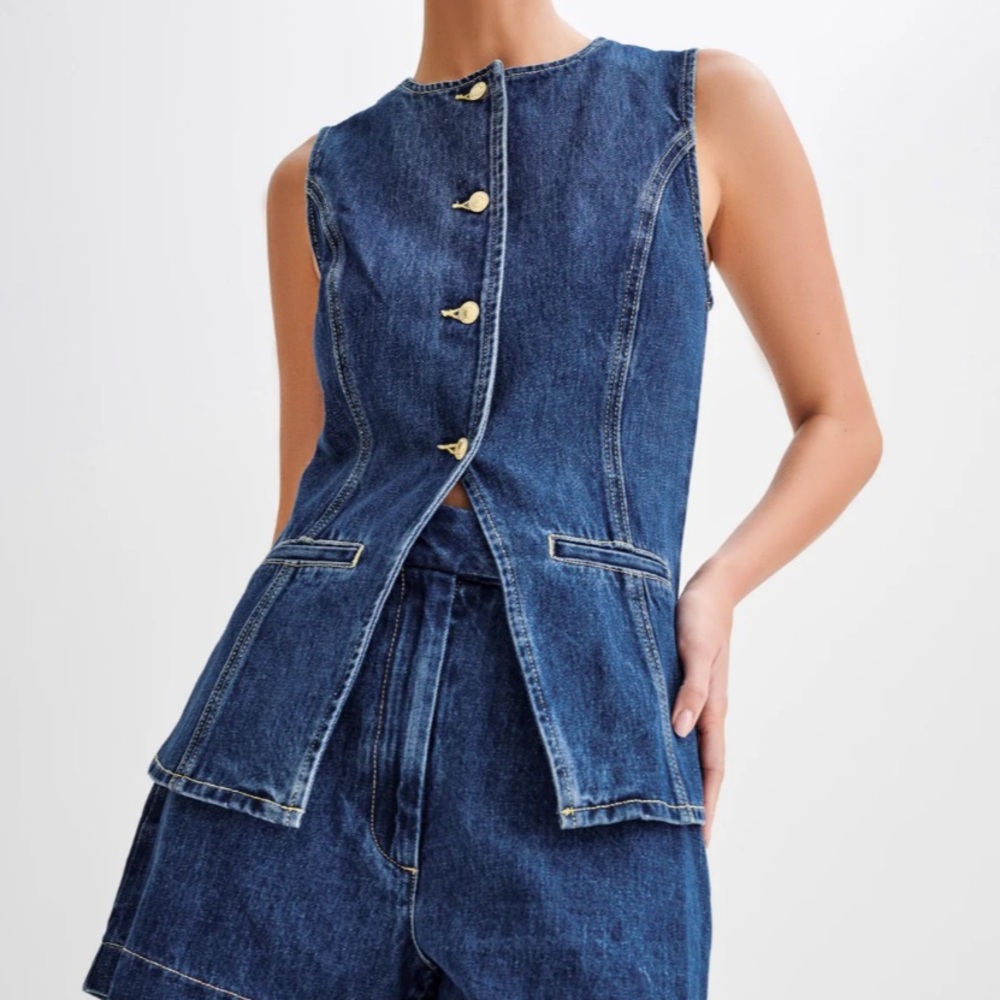 MESHKI Abel Denim Button Up Top-Dark Blue XS